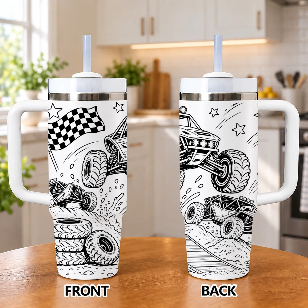 Off Road Buggy Racing Checkered Flag 40oz Tumbler with Handle Straw Insulated Travel Cup Monster Truck Gift Vacuum Flasks