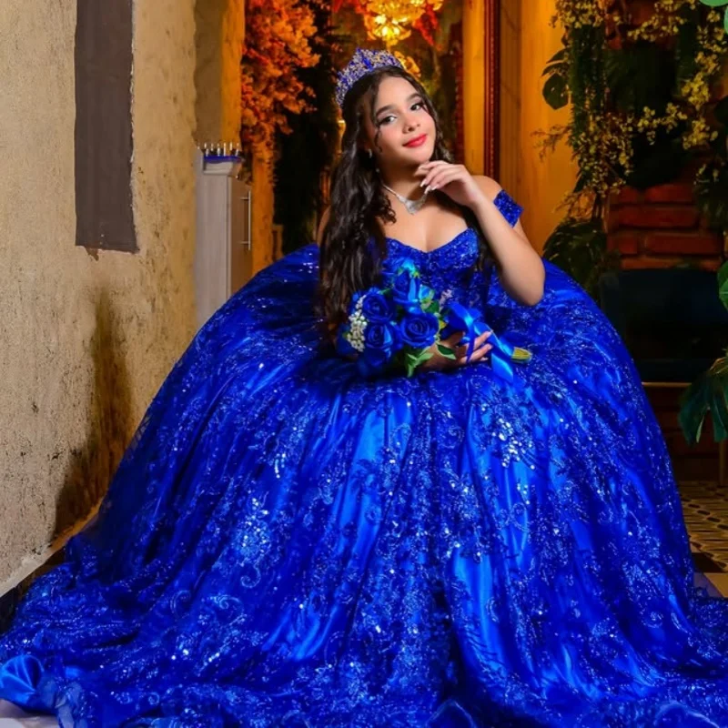 

Shiny royal blue Off Shoulder Quinceanera Dress Tull sequins ruffle vestidos de 15 Quinceanera ﻿Customized