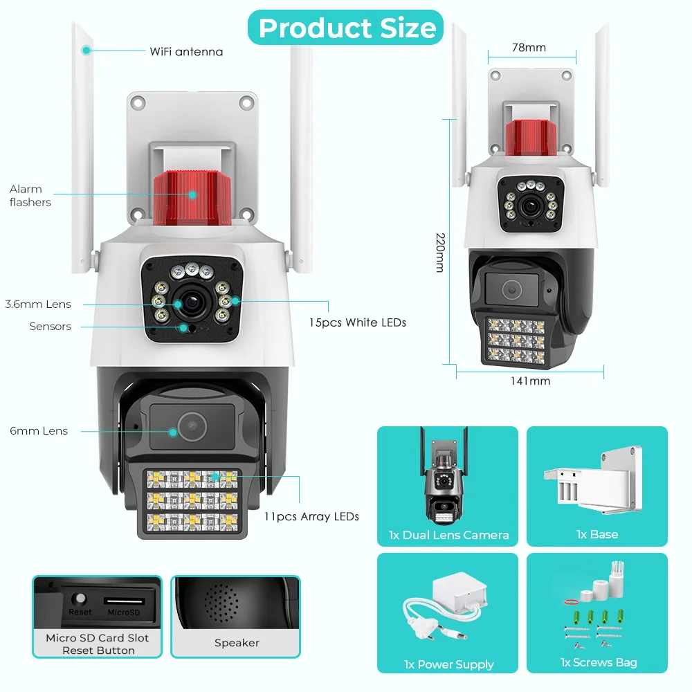 

4MP Dual Lens PTZ WiFi Camera Outdoor Waterproof, 2-Way Audio, Siren, Motion Detection, iCsee ONVIF Speed Dome Camera