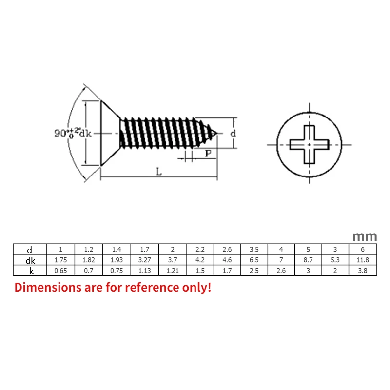 316 Stainless Steel M2 M2.2 M2.6 M3 M3.5 M4 M5 M6 Marine Grade Phillips Flat Countersunk Head Self-tapping Wood Screw