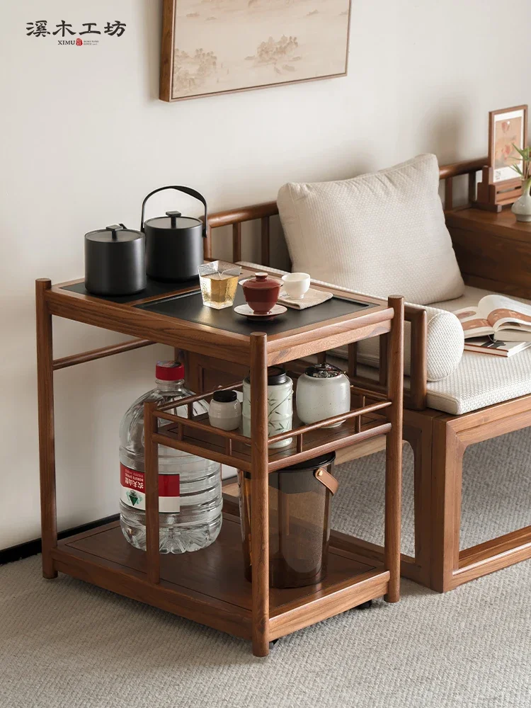 Small Tea Table Movable Side Table Small Coffee Table Solid Wood Side Cabinet Trolley Tea Cabinet with Wheels