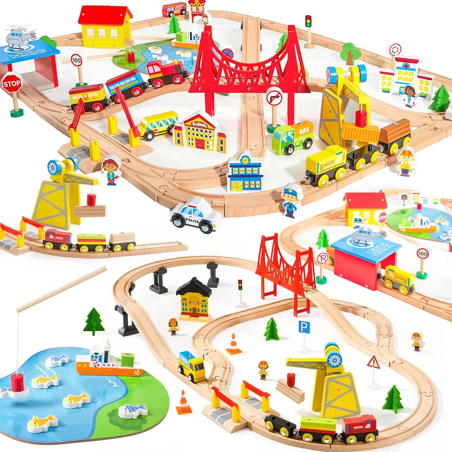 Conjunto de trem de madeira para crianças de 2 a 8 anos, 110 peças e 60 peças, ferroviário de cidade e construção com trens magnéticos, guindaste, veículos e acessórios –
