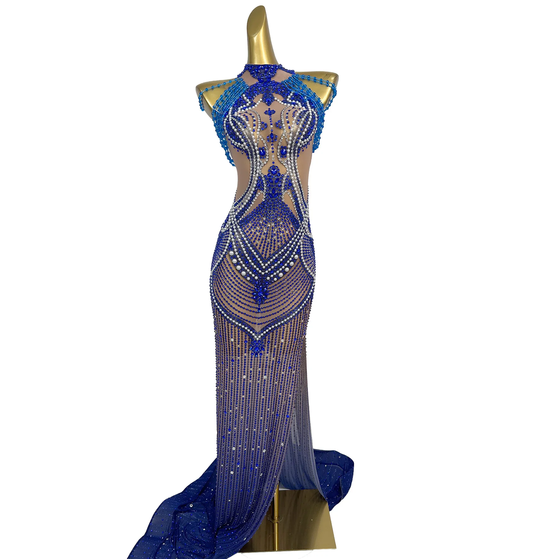 

Loulan Luxury Blue Crystal and Pearl Embellished Nude Mesh Halter Neck Mermaid Evening Dress Formal Party Gown