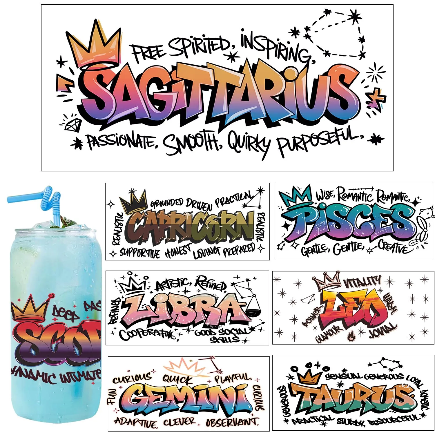 Graffiti style Zodiac Sign Theme Artwork UV Sticker DIY decoration Seal Decals 3D transfers uvdtf stickers 16oz uv dtf cup wraps