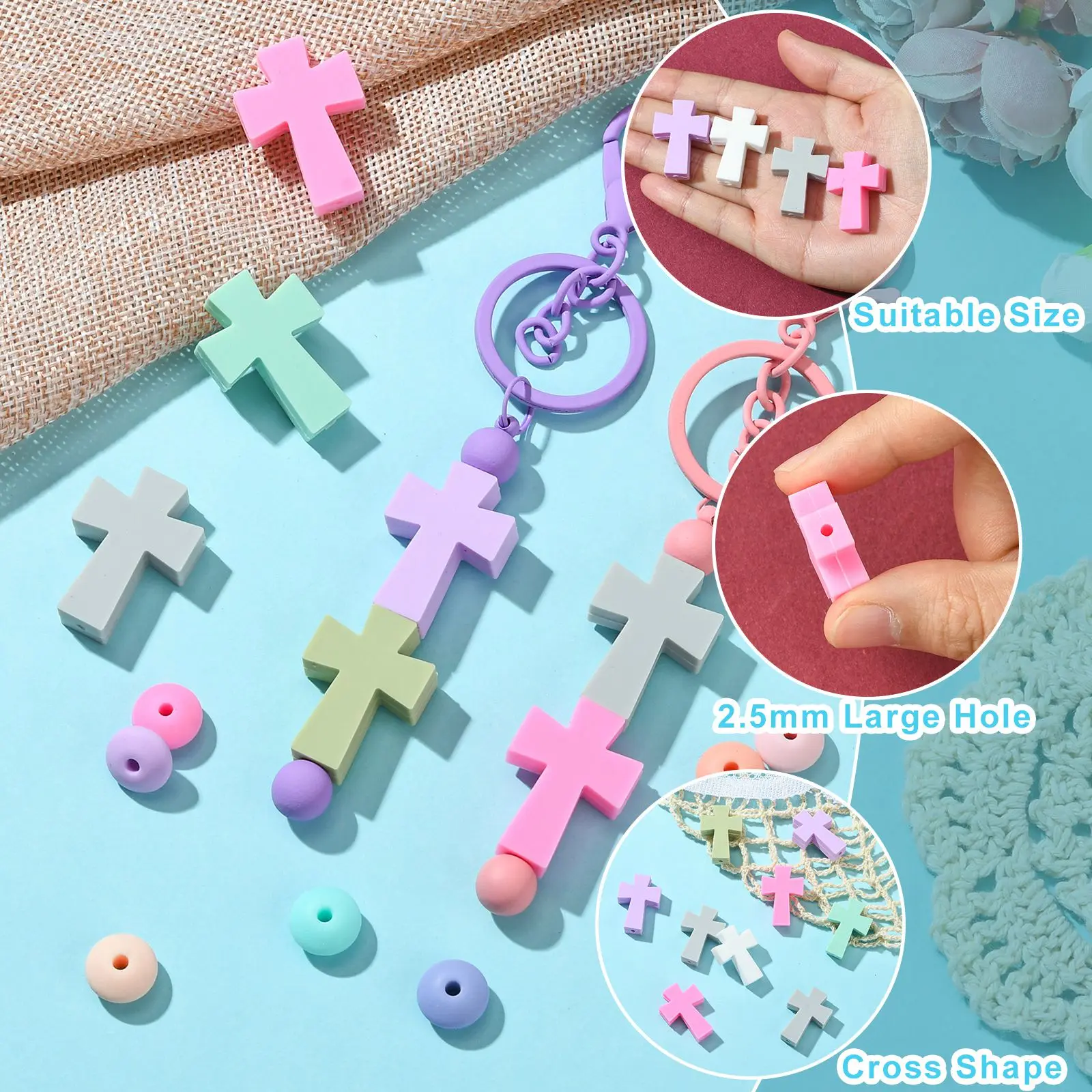 Pandahall 30Pcs 6 Colors Easter Cross Silicone Beads Religion Crucifix Holy Focal Beads for Jewelry Making Supplies