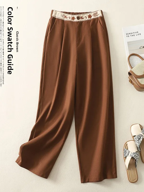 Ele bestickte Hose mit hoher Taille und weitem Bein, lässige Leinenhose mit geradem Schnitt, lockere Passform, Sommerhose für Damen in Übergröße