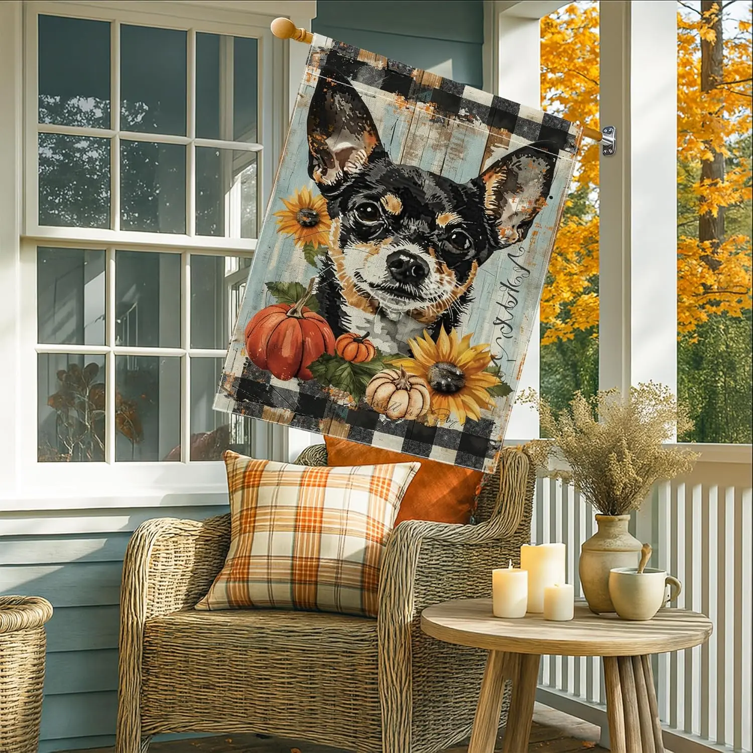 Autumn Harvest Dog Garden Flag, Black and Tan Chihuahua Sunflower Home Decor Banner, Double Sided Burlap Outdoor Lawn Decora yyi