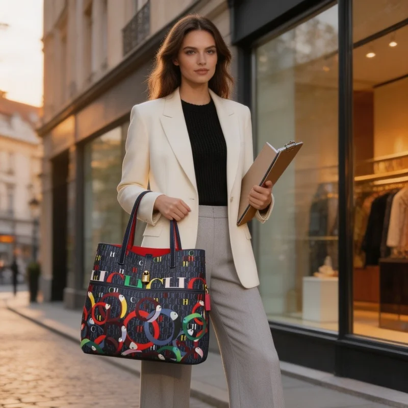 CHHC Women Colorful Snake Letter Print Tote Bag Faux Leather Metal Lock Decor Large Capacity Top Handle Shoulder Handbag
