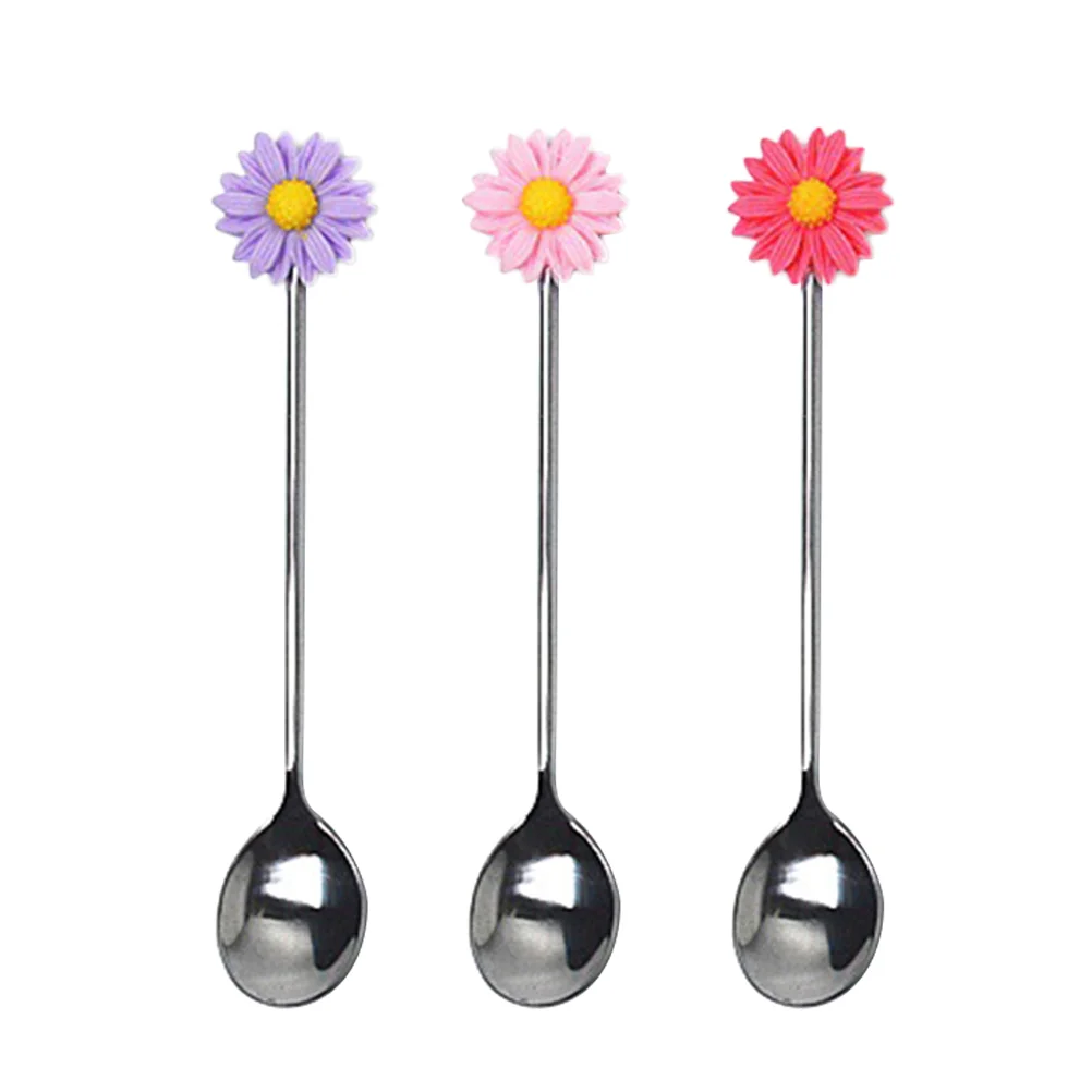 

3 PCS Stirring Stick Spoon Daisy Coffee Mixing Stainless Steel Resin Simple Design Food Tea Beverage Bar Home