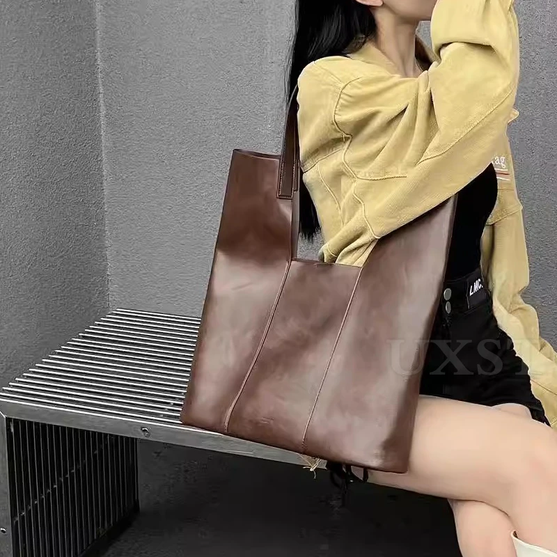 UXST Vintage Genuine Leather Tote Women Shoulder Bag Oil Wax Leather Commuter Bag Fashion Large Capacity Underarm Bag