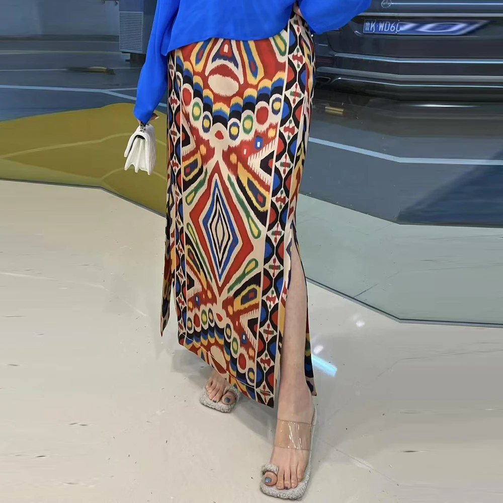

2025 summer new new Chinese high waist side split printing thin slim long skirt bandage skirts