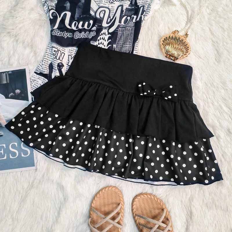 Y2k Polka Dot Design Piano Skirt Women Harajuku High Waist Ruffle Bow Trim Casual Skirt Female Party Music Festival Outfits New
