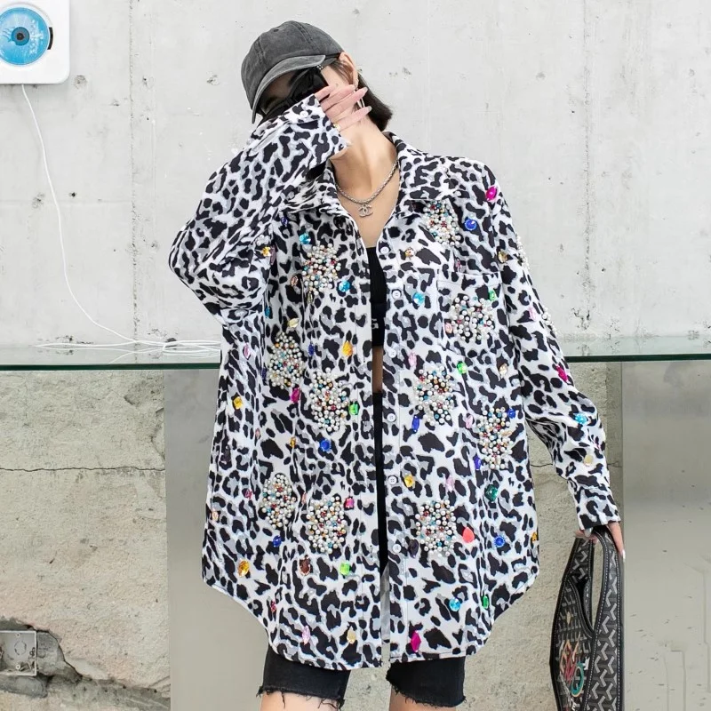 Harajuku Vintage Pearl Beaded Diamonds Leopard Print Thin Shirt Jacket Women Loose Casual Lapel Long Sleeve Female Jacket Coat