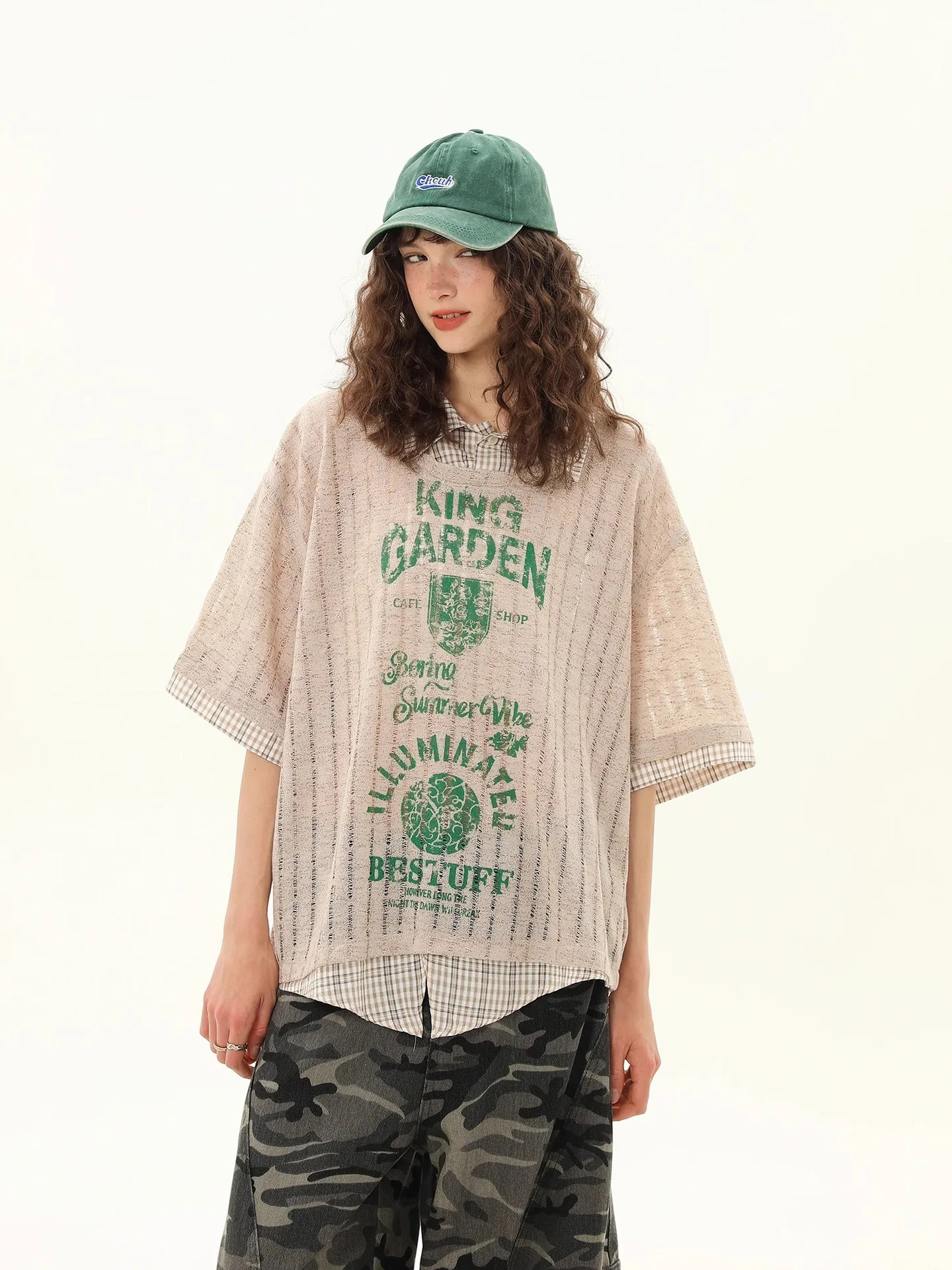 Camisa Vintage falsa de dos piezas para mujer, Top de manga corta estilo universitario Retro americano, blusa de gran tamaño para verano 2025, camiseta de calle