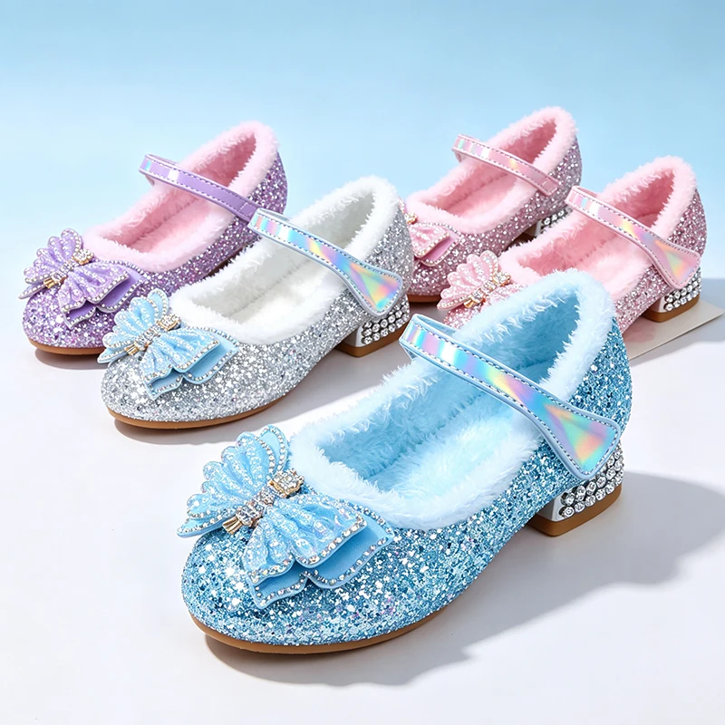 Toddler Little Girls Winter Warm Furry Lined Mary Jane High Heels Shoes Halloween Shining Sequined Princess Elegant Party Shoe