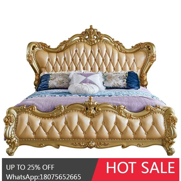 

HLZ European Style Solid Wood Bed 1.8m Double Bed Master Bedroom Genuine Leather Villa Noble gold Princess Bed
