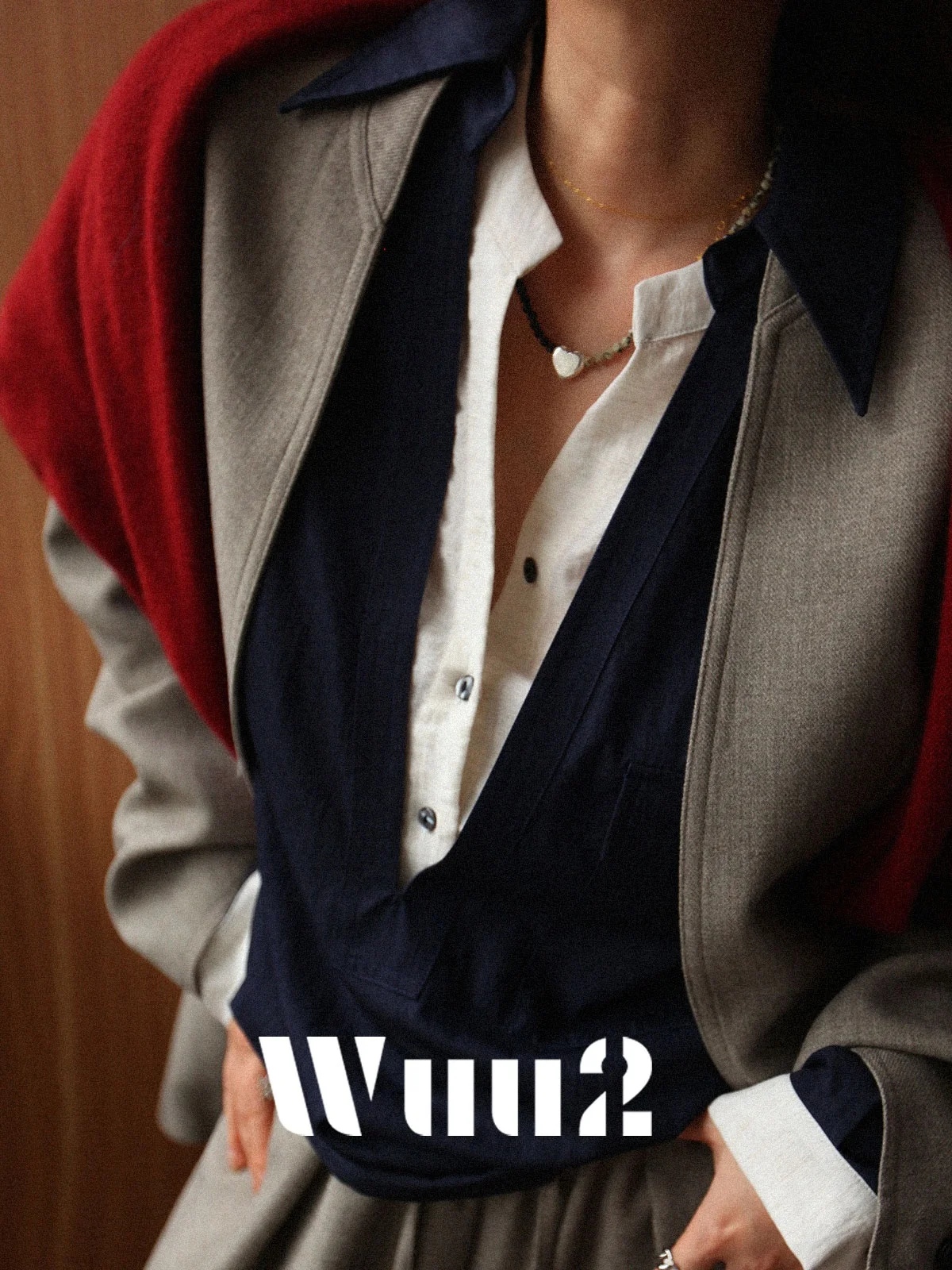 

Wuu2 Gusta Lightweight Luxury Blue irt Women's Design Loose High-End Feel Top Fake Two-Piece Loose Fit Long Sve