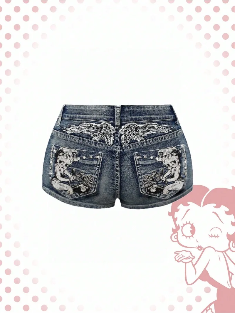 Spring and summer retro millennium style embroidered denim short women's casual loose washed hot pants