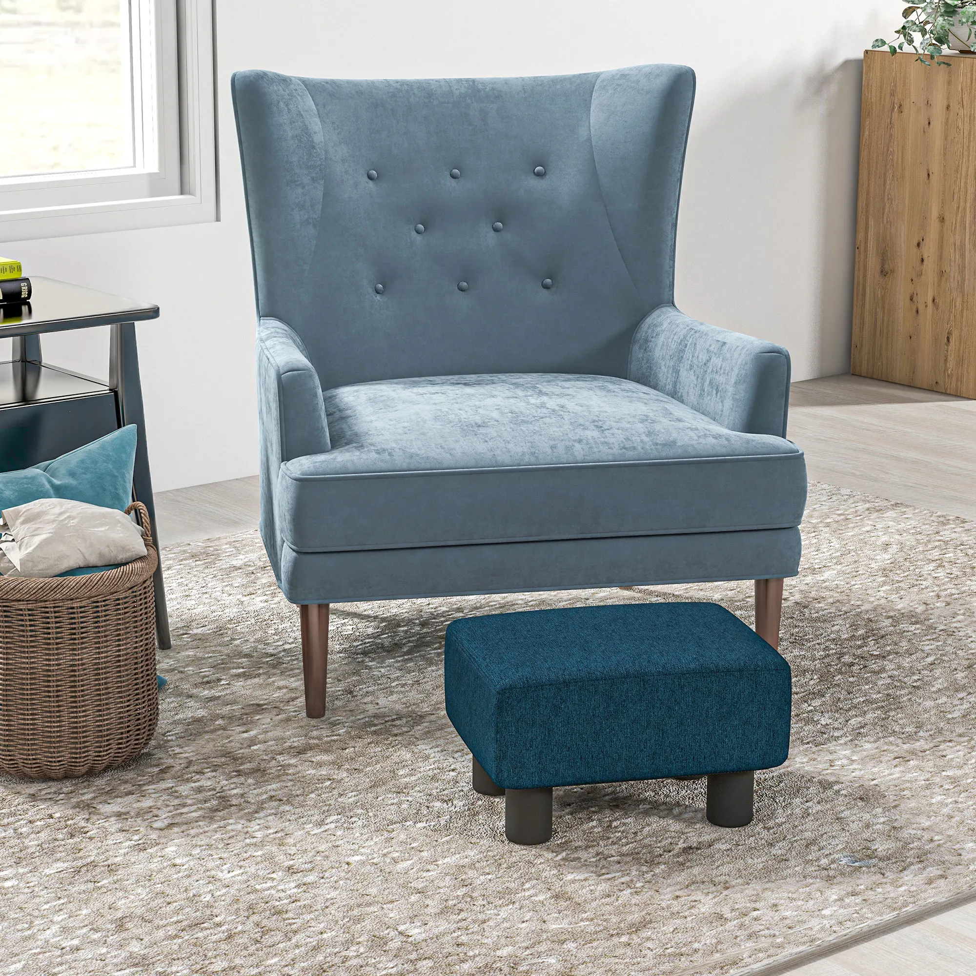 16” Cubed Modern Linen Fabric Pouf Footrest Ottoman Furniture Blue