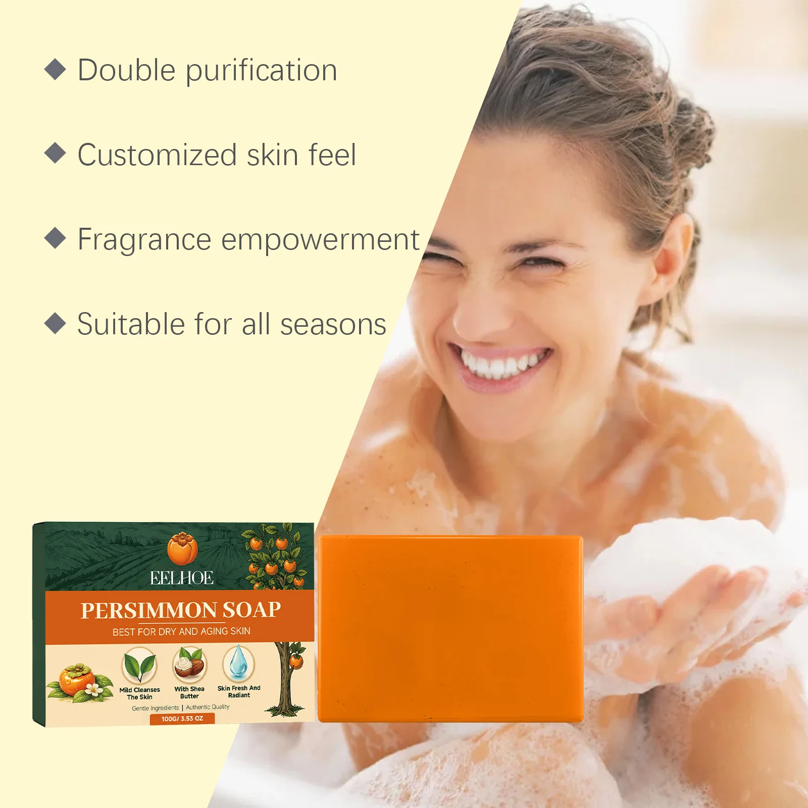 Natural Persimmon Extract Bath Soap Body Odor Removal Deep Cleansing Moisturizing Gentle Skin Care Handmade Soap For Men Women