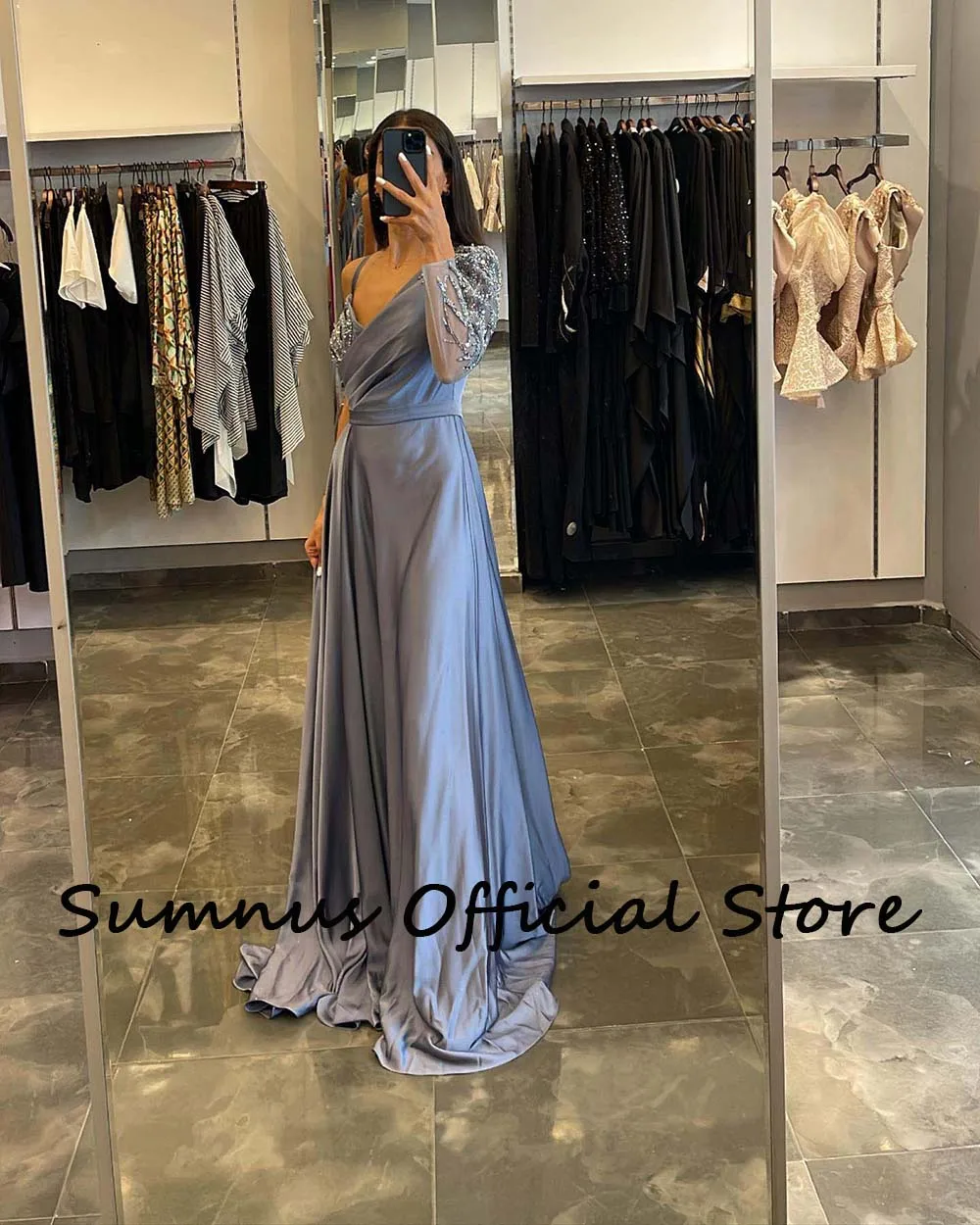 Light Blue Satin Een Schouder Avondjurken Spaghetti Band Kralen V-hals Party Dress Formele Lange Dubai Prom Gown Zipper terug