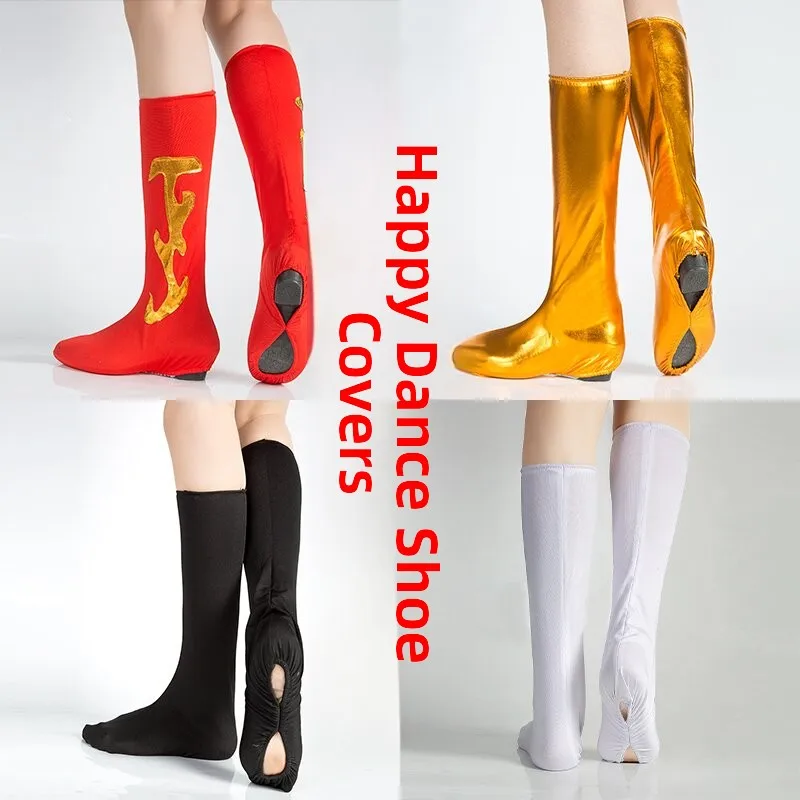 Sepatu Kostum Mongolia Elastis Tinggi, Merah Emas, Bermotif, untuk Pertunjukan Tari Tibet