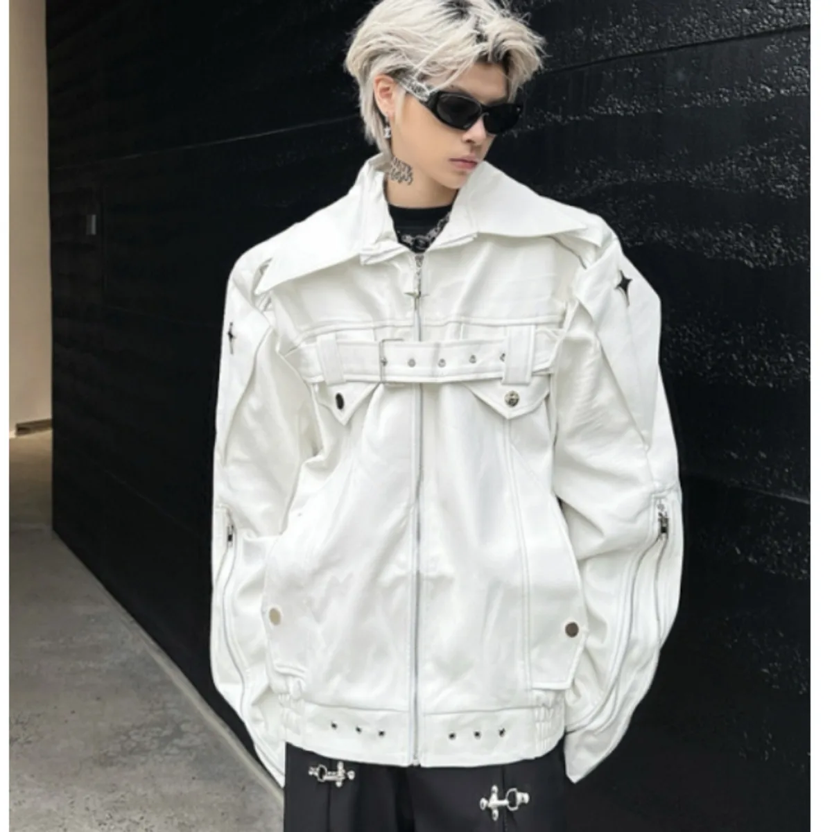Trendy Hip-hop Streetwear Niche Deconstructed PU Leather Black Jacket Autumn Loose-fit Stylish Casual Outerwear Men Coat