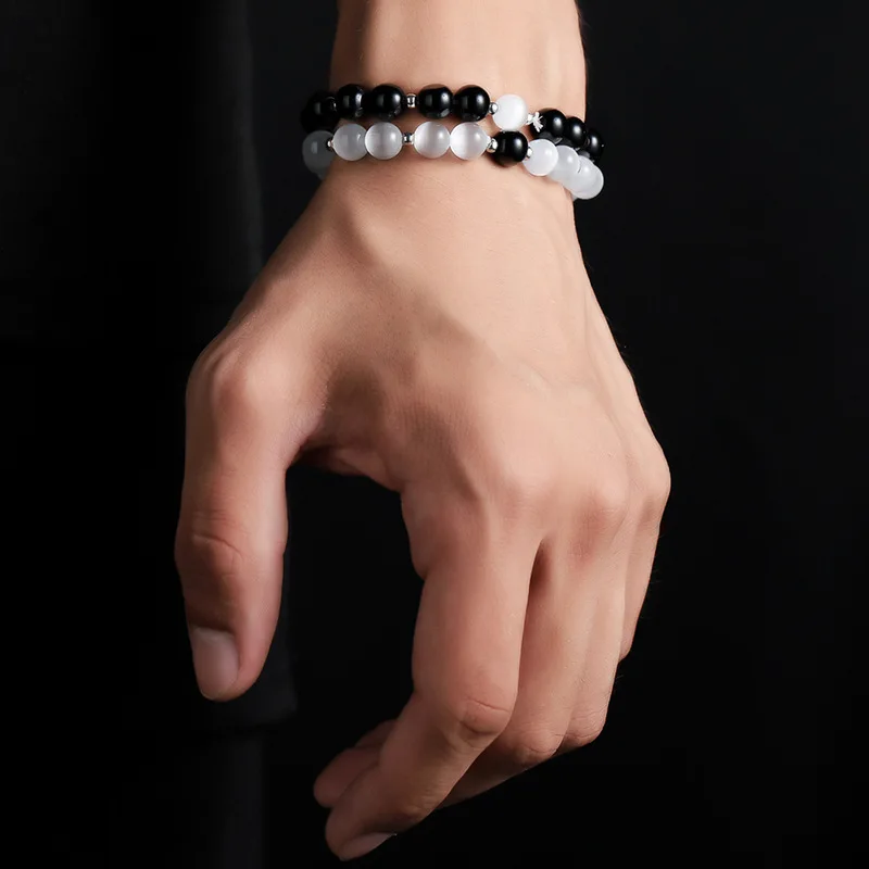 Pair beaded bracelet black agate and frosted white stone elastic cord matching couple casual wrist band