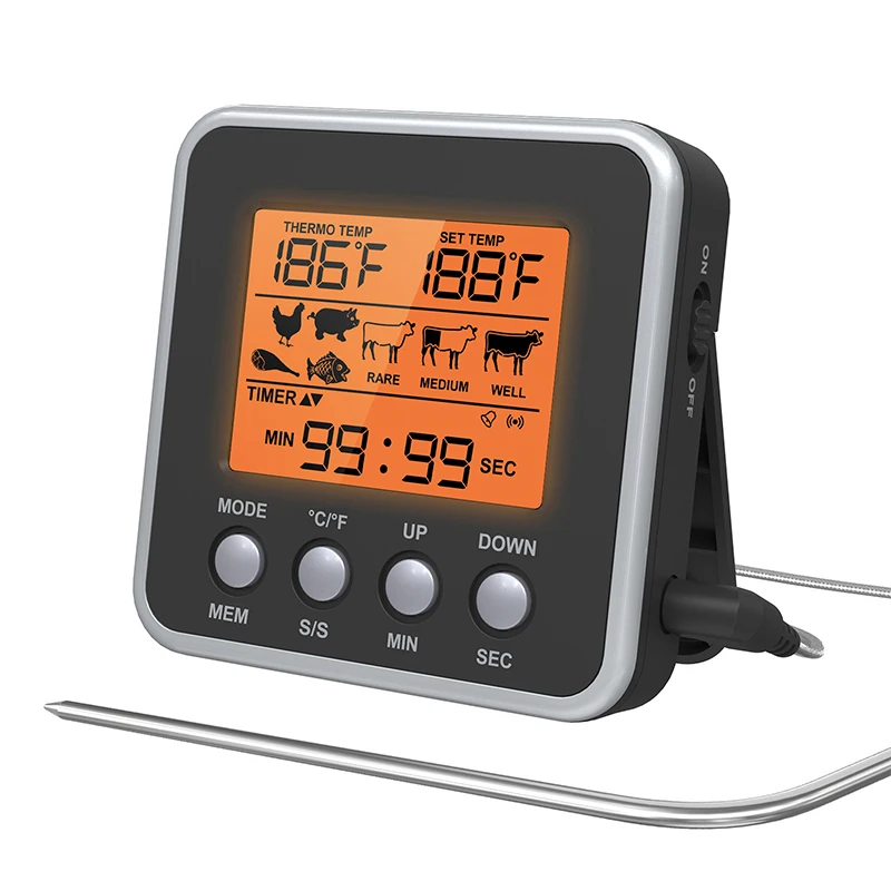 LCD Digital Meat Thermometer BBQ Food Thermometer Monitor with Backlight Kitchen Timer Alarm Long Probe Thermometer for Grill