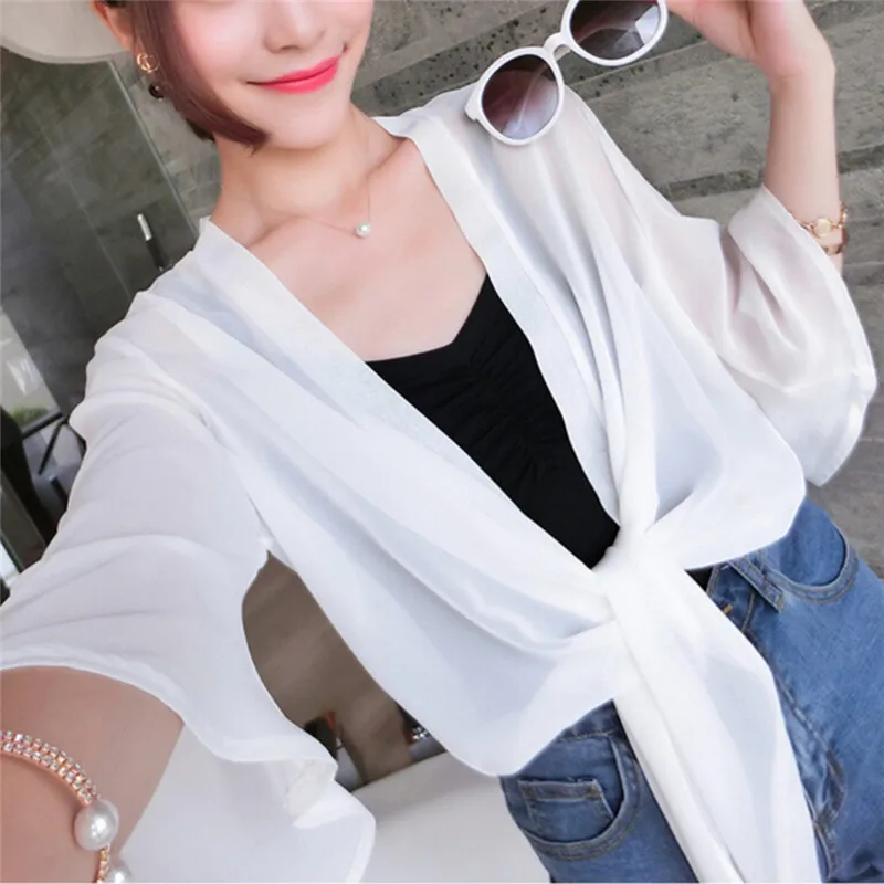 

Women Summer Casual Chiffon Shawl Sun Protection Cardigan Bikini Cover Beachwear Black White