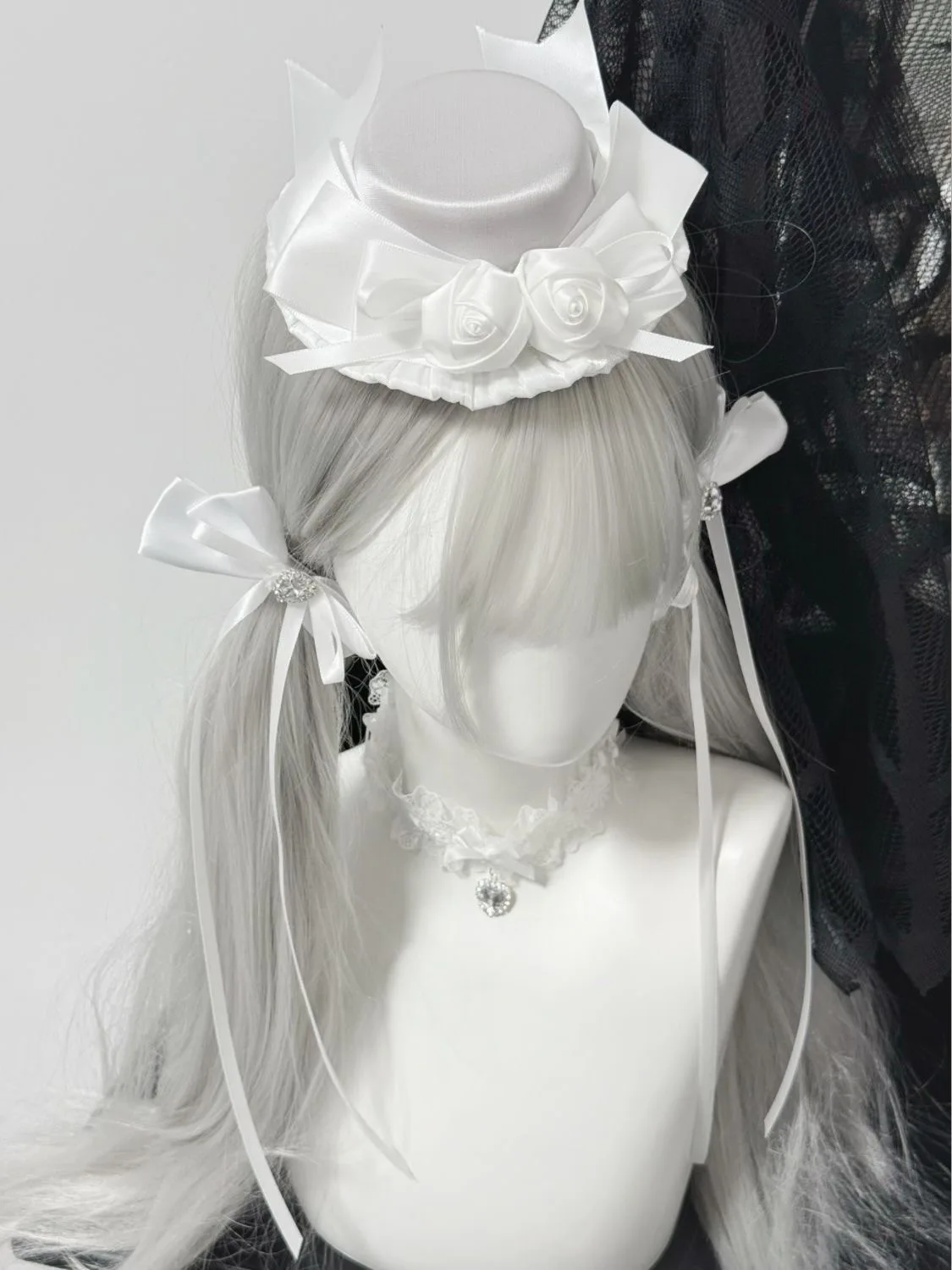 로리타 하라주쿠 Y2K 소녀 고딕 모자 화이트 로즈 작은 모자 머리핀 화이트 JK 보우 헤어 클립 액세서리