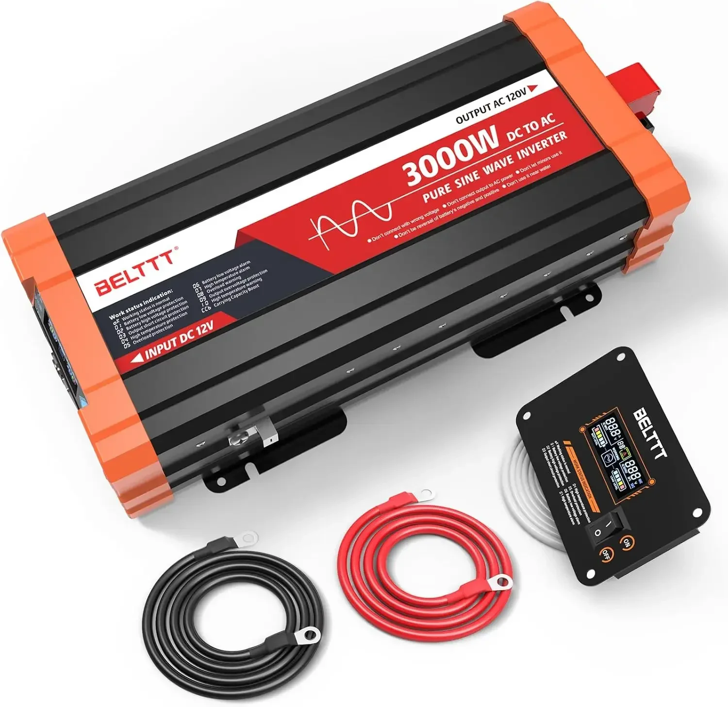 3000W Pure Sine Wave Inverter 12V DC to 120V AC for Solar, Off-Grid, RV, Truck, Home, Power Inverter with Dual AC, 20A Socket, 5