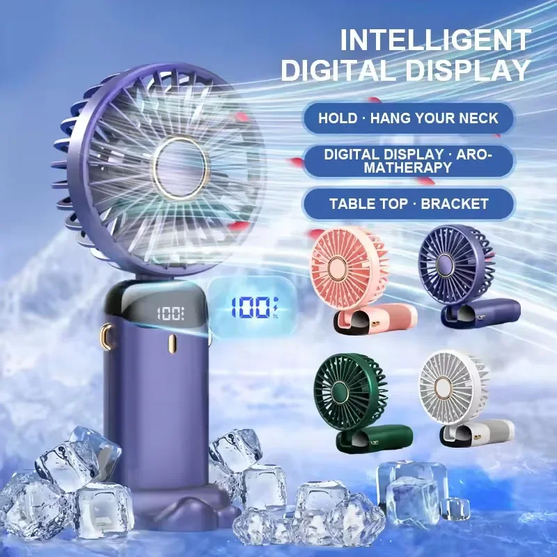 Folding Fan Mini Portable Hand-Held Fan Rechargeable Multifunctional Fan With Display Screen Neck Hanging Fans