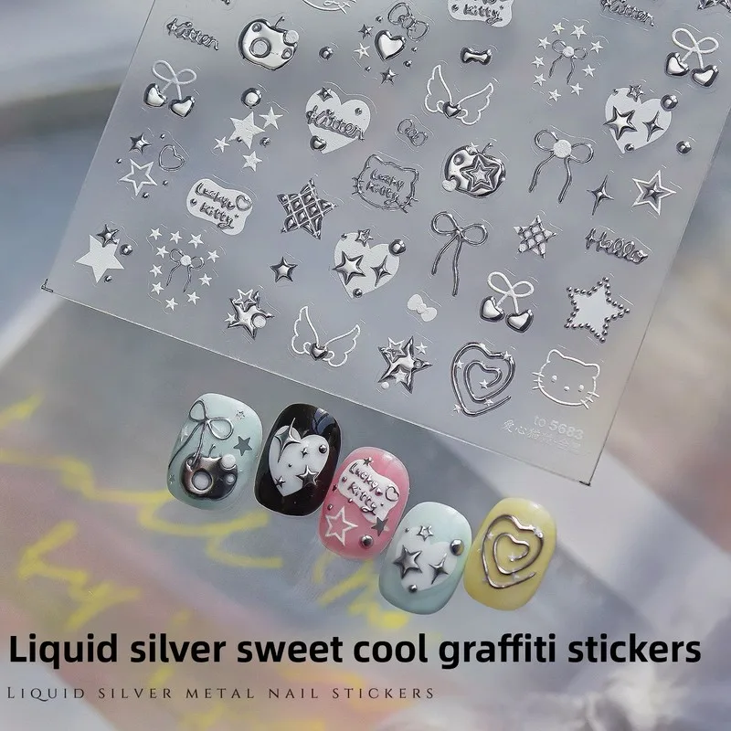 Metallic Silver Y2K Baddie Nail Stickers Premium Silver Embossed Pentagram Bow Starburst Nail Art Decals Manicure Supplies