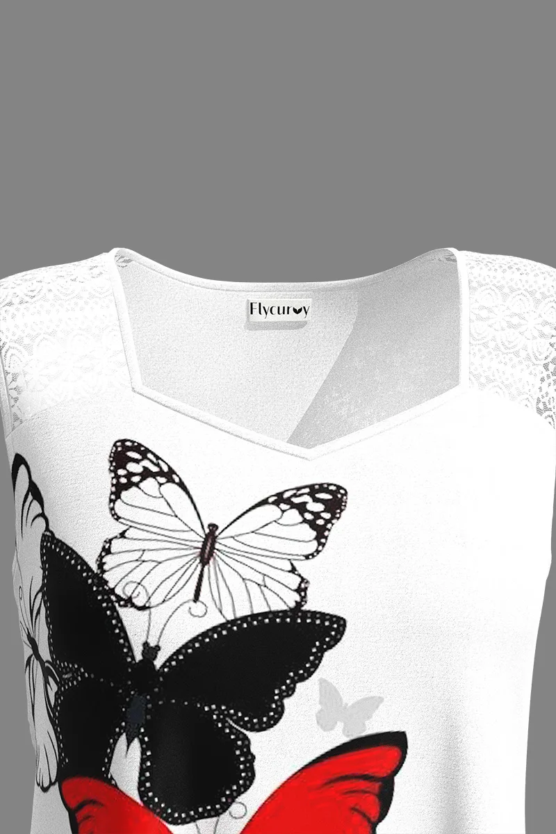 Women Fashion Plus Size Tank Top Casual White Lace Stitching Butterfly Print Sleeveless Round Neck Summer Basic Loose Tank Top