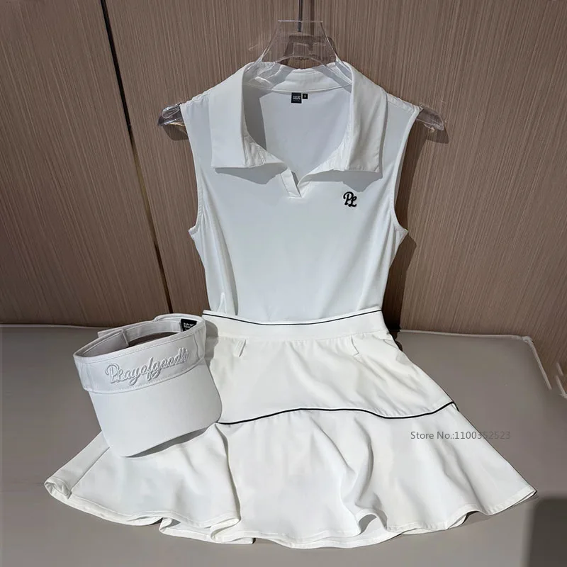 PL Summer Golf Clothing Women Sleeveless Quick-dry T-Shirt V-Neck Polo Tank Tops Female High Waist Golf Skirt Sports Skirts
