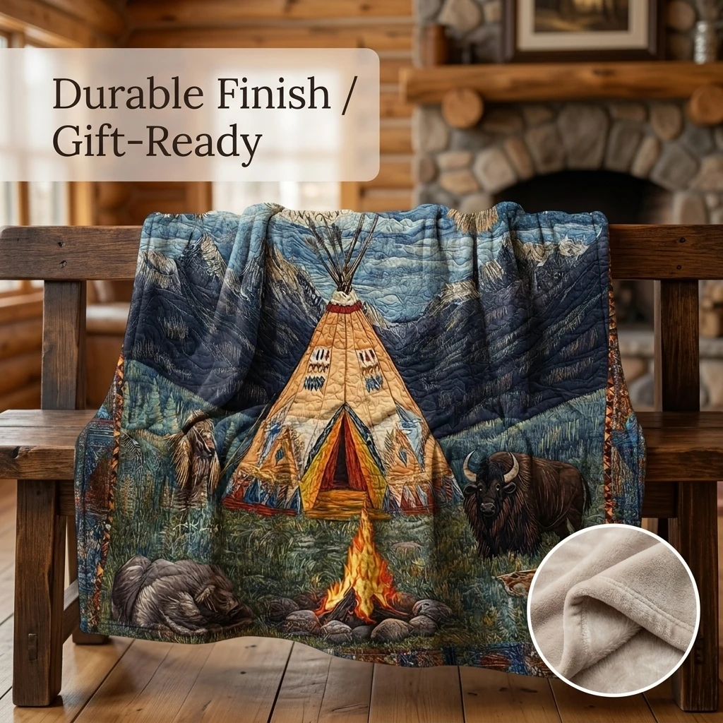 1PC Bohemian Mountain Tipi & Buffalo Art Thick Flannel Throw Blanket, Soft Warm Throw, Perfect Gift for Adults Boys Girls