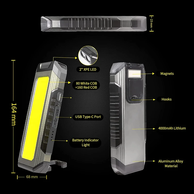 LED Work Light Portable Magnetic Light 1000 Lumen Rechargeable COB Work Light With Magnetic Base And Hanging Hook
