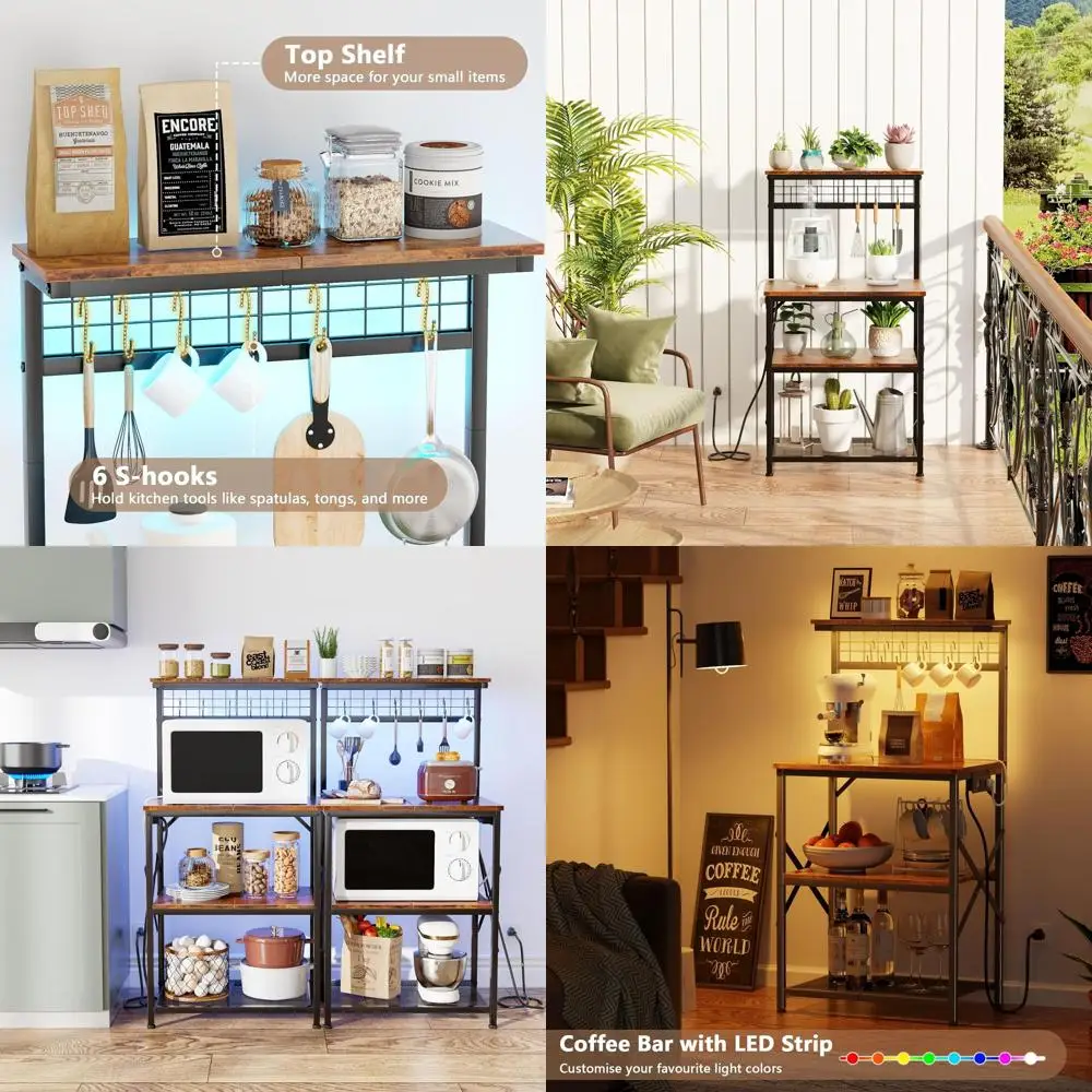 

Rustic Brown Kitchen Storage Solutions: 4-Tier Microwave Stand, Spice Rack, Coffee Bar with Hooks, and Power Rack