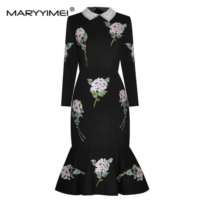 MARYYIMEI Autumn Women Dress Beaded turn-down collar Rose Embroidery Hot drilling Black Slim Package hip Elegant Mermaid Dresses