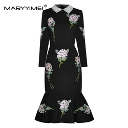 MARYYIMEI Autumn Women Dress Beaded turn-down collar Rose Embroidery Hot drilling Black Slim Package hip Elegant Mermaid Dresses