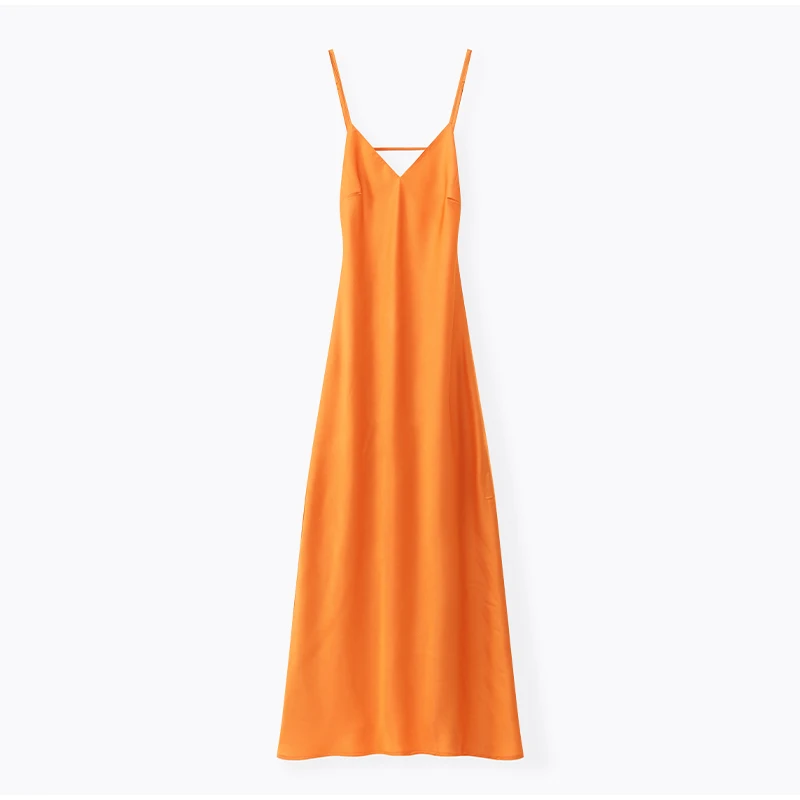 Women Solid Satin Sling Long Dress Casual Backless Sleeveless V-neck Pleated Gowns 2026 Summer Vacation Evening Party Robes