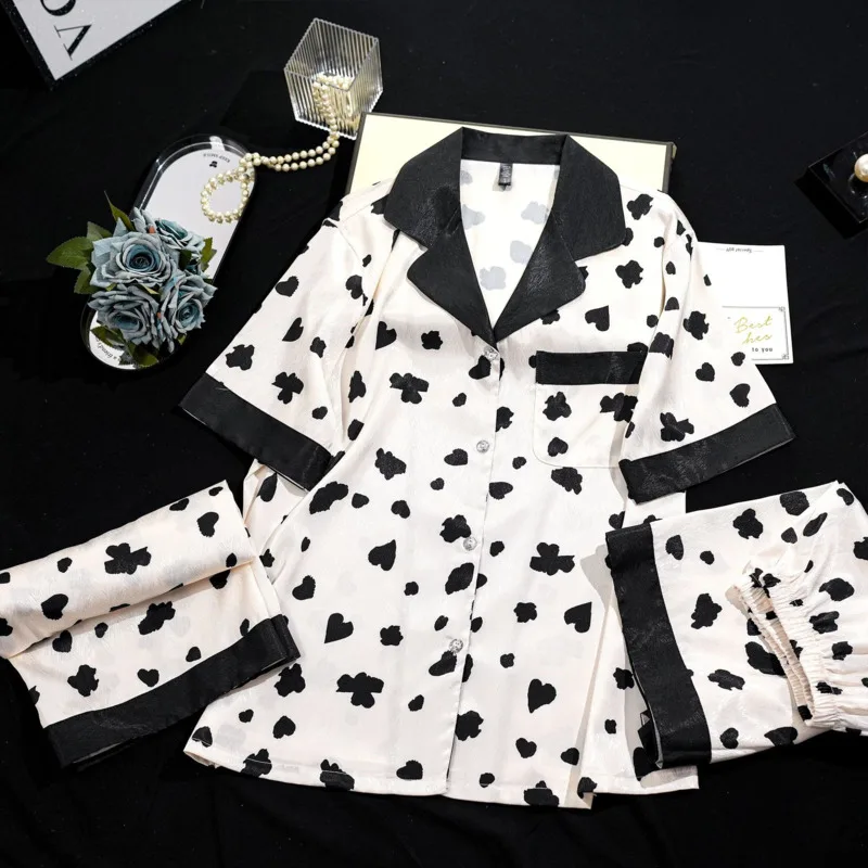 Comfortable Cool Three Piece Ice Silk Pajamas Women\'s Short Sleeve Set Filled With Print Cow Spot High Quality Thin Pyjamas Sets