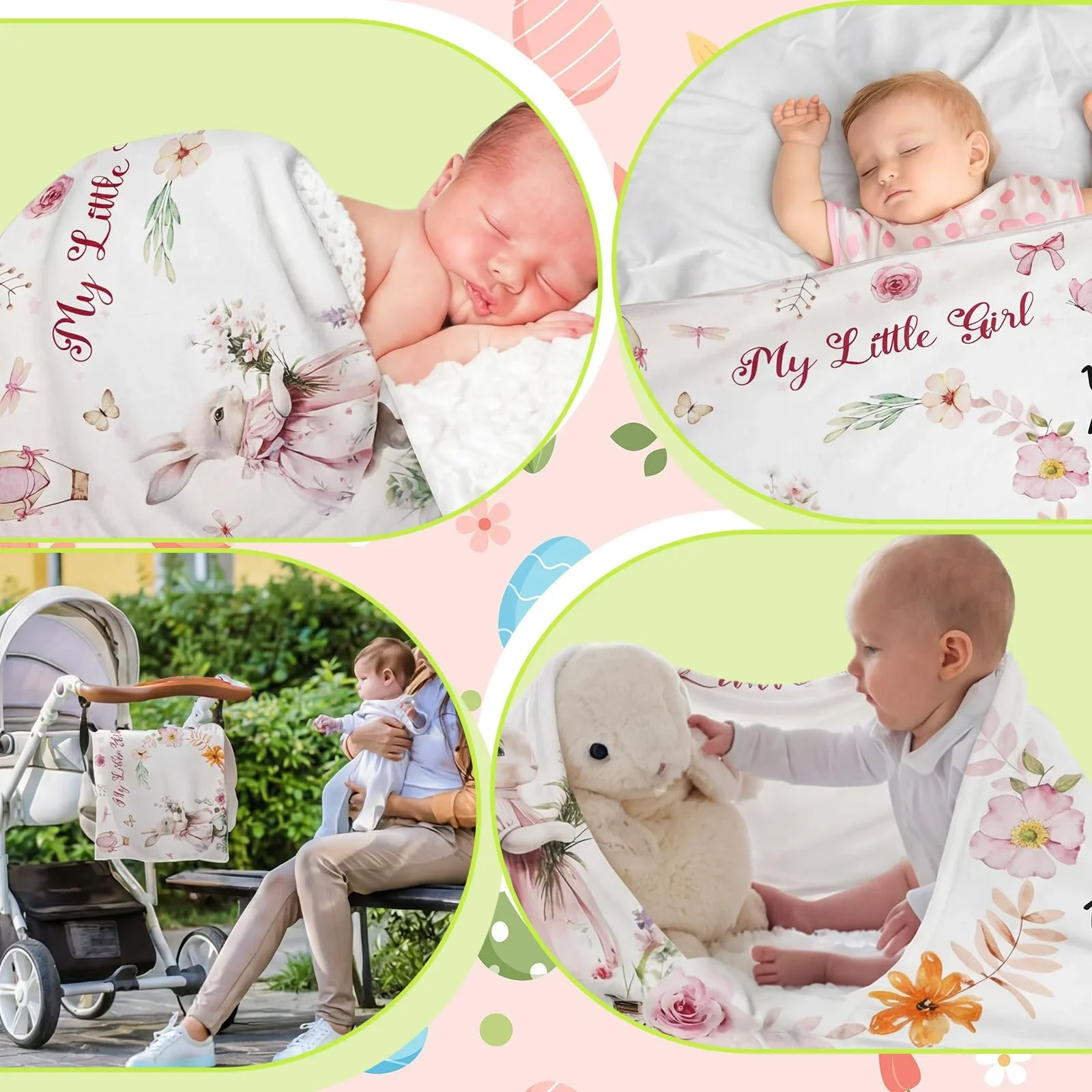 VIKAMA Easter Pink Bunny Baby Milestone Blanket, Floral Newborn Growth Photo Mat for Girls Easter Nursery Decor