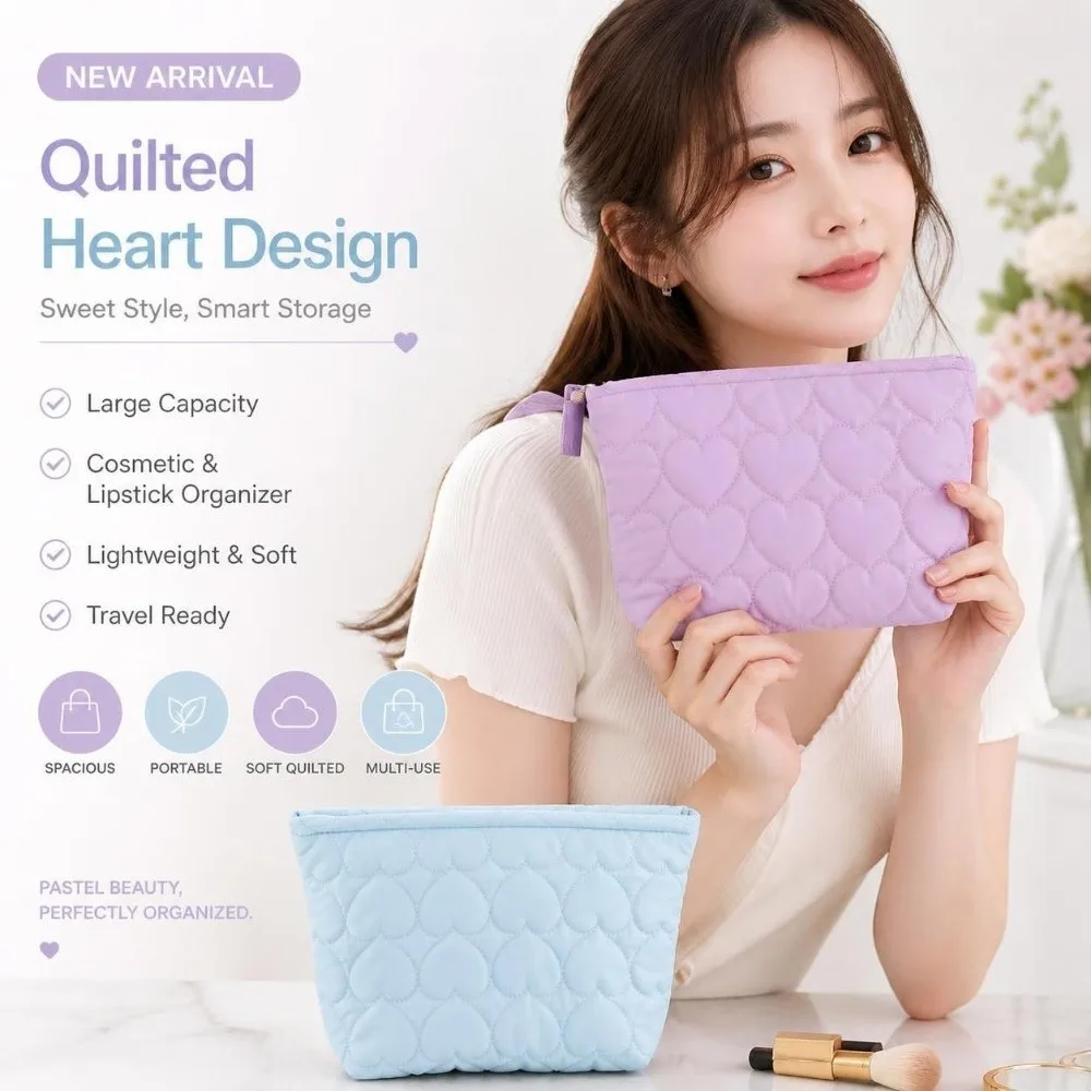 Large Capacity Travel Makeup Organizer Bag Heart Lightweight Portable Toiletry Organizer Zipper Soft Padded Makeup Toiletry Bag