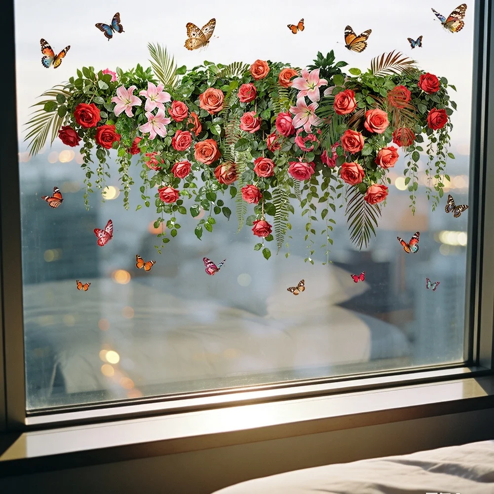 Wall Art Decals Butterfly and Floral Static Cling for Windows Mirrors Tiles Home Decor PVC Waterproof Removable Sticker