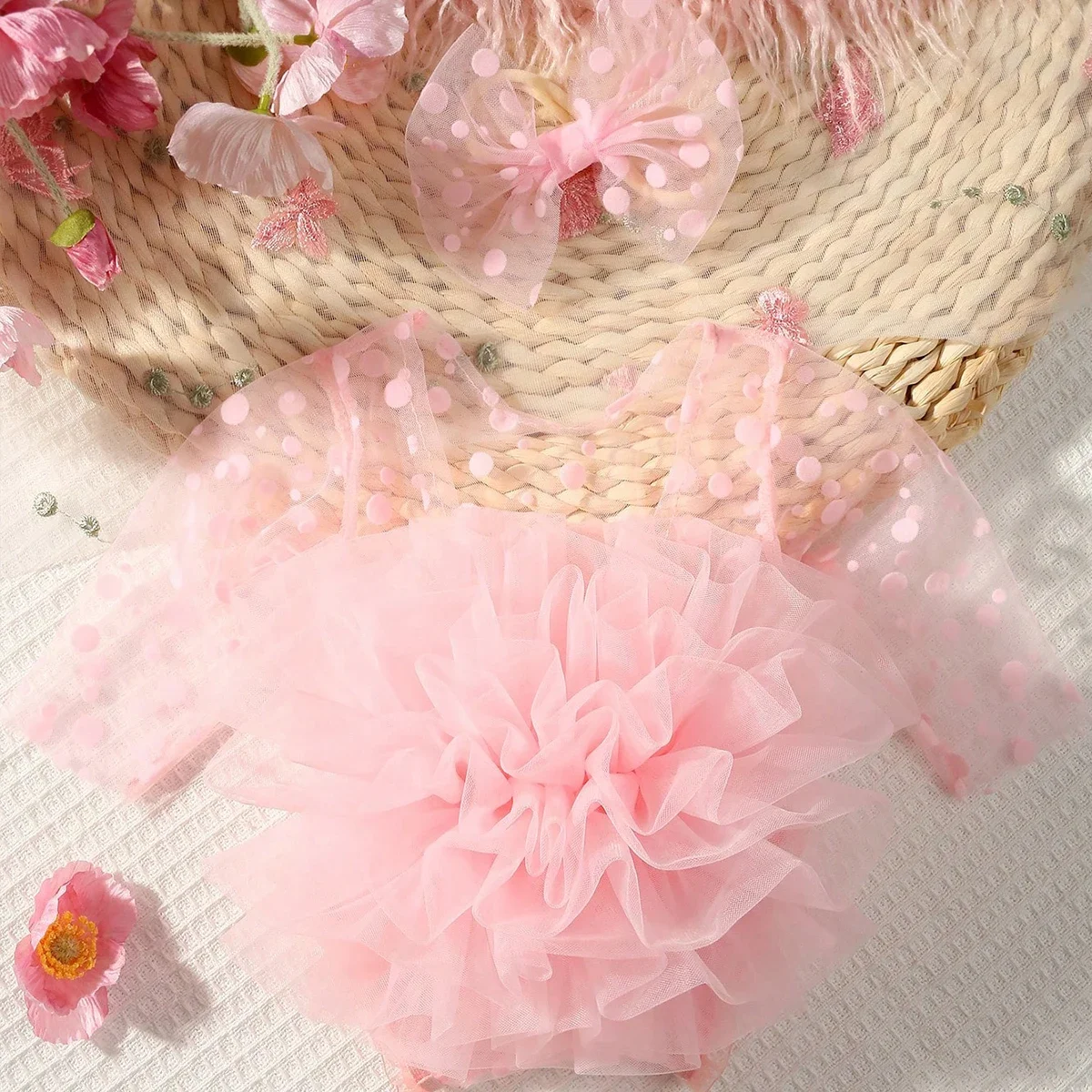 0-1M Baby Girl Dress Newborn Photography Outfits Romper with Bow Headband Photoshoot Clothes