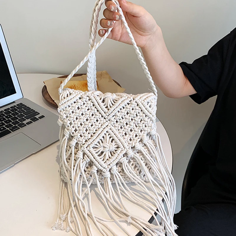 Neue Strohs ack böhmische Quaste Strand tasche Frauen häkeln Fransen Cross body ultraleichte Umhängetasche Frauen kleine Bolsos Feminina – Detail 16