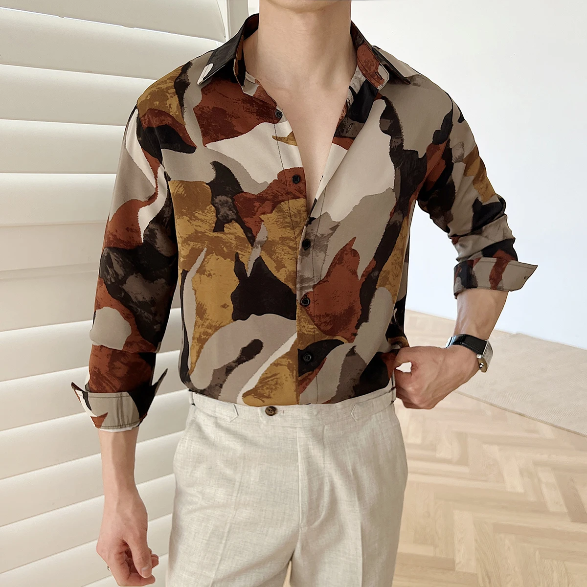 

Art Printed Men's Long Sleeved Shirt Fashion Loose Casual Shirts Versatile Social Vacation Beach Hawaiian Shirt Men Clothing