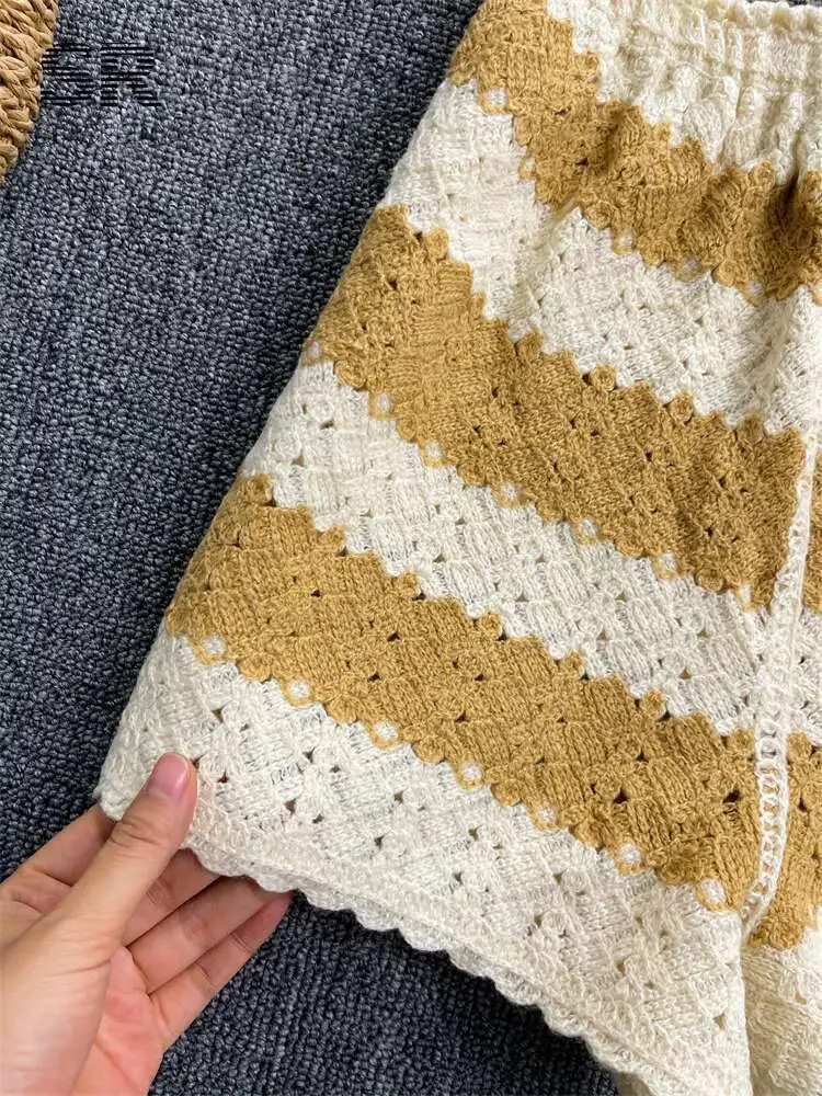 

BabYoung Backless Knit Beach Two Piece Set Women Elegant Strap Off Shoulder Camisole Elastic Waist Shorts Striped Summer Suit